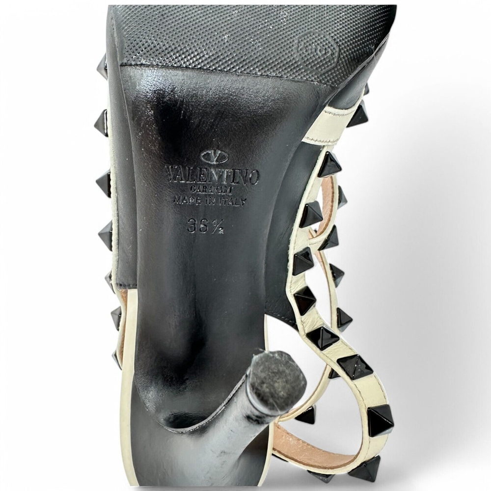 Valentino Rockstud Ankle Strap 100mm Pumps 36.5 Black Light Ivory Leather - Picture 12 of 14